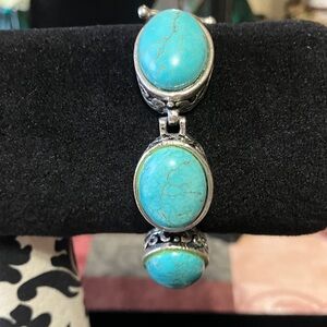 Large oval turquoise cabohons silver tone filigree bracelet